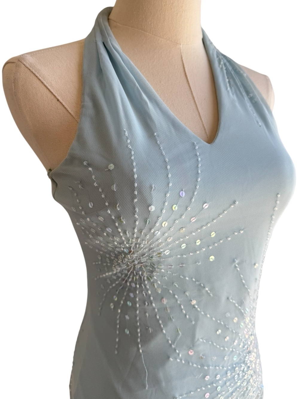 Le Chateau Y2K Ice Blue Sequin Halter Top Sz S Mesh Beaded Fairycore Whimsical